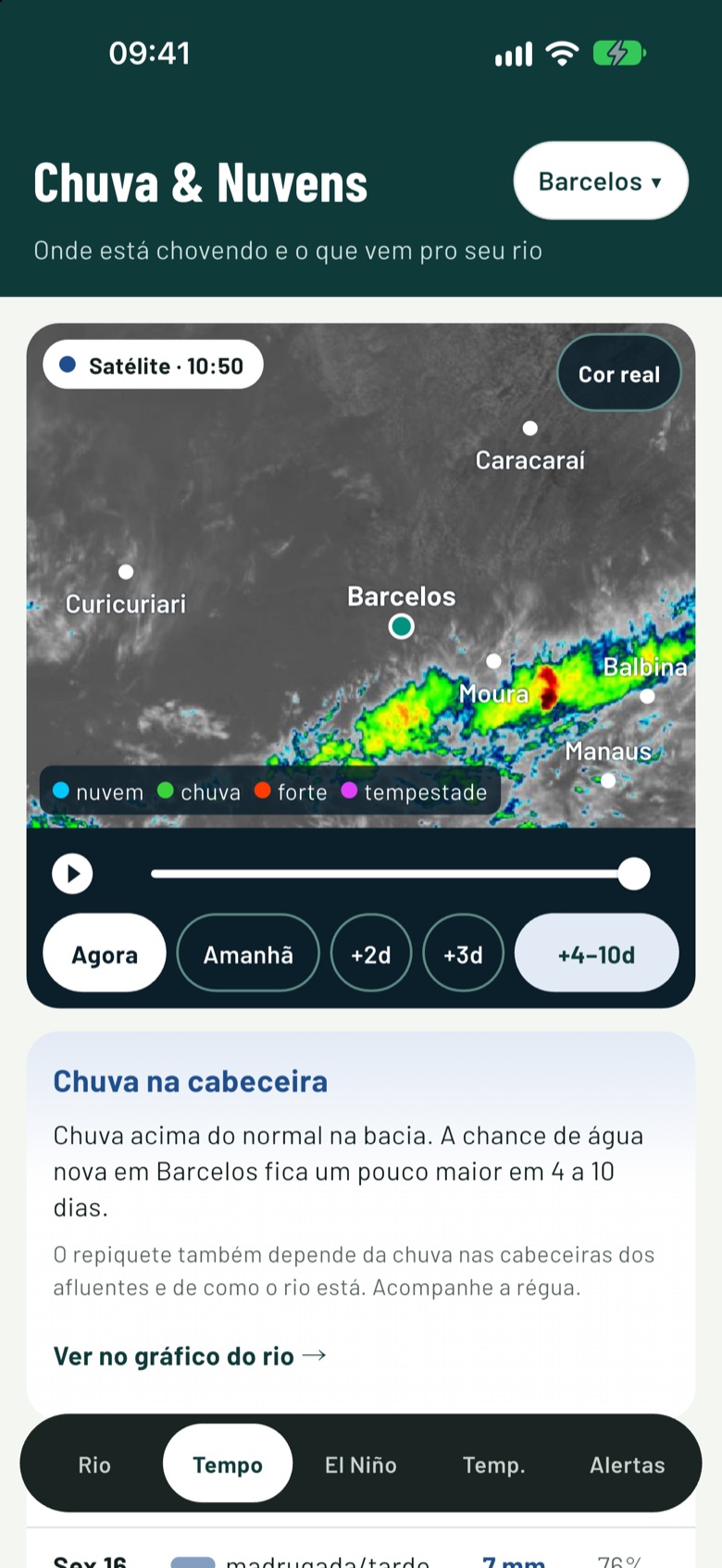 Tela Chuva e nuvens: satélite do Rio Negro com chuva perto de Moura e o aviso de chuva na cabeceira de Barcelos.